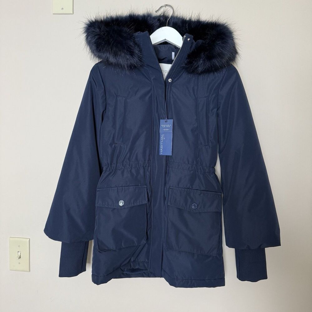 Habitual Girls Parka Jacket Navy Sz 14 Emmerson Faux Fur Hood Removable NWT